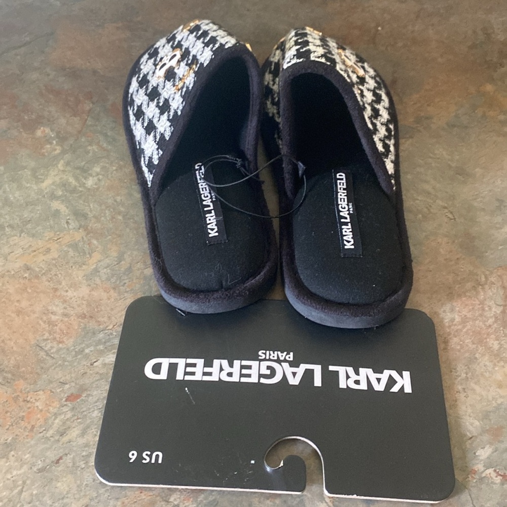 Karl Lagerfeld Houndstooth Slippers with Gold Accents NEW - Picture 3 of 7
